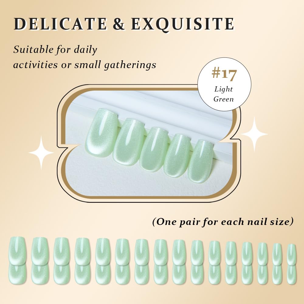 evpct Light Green Cat Eye Coffin Press on Nails Square Medium, Medium Square Stick on Nail for Women, Pale Green Metallic Glitter Glossy Reusable Summer Soft Gel Press on Acrylic Fake Nail with Design