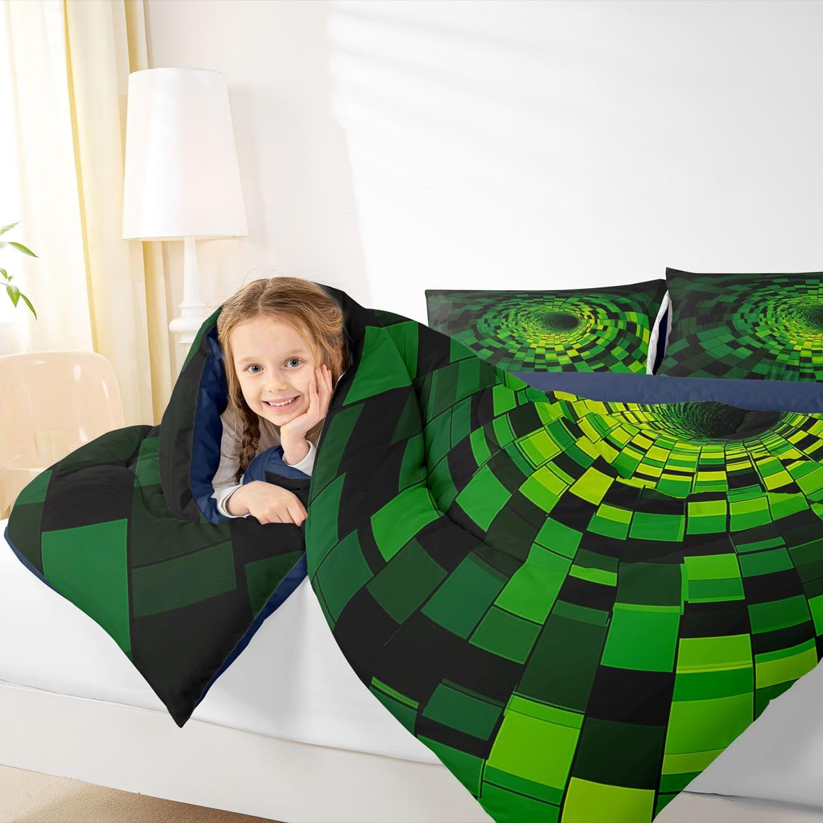 Erosebridal Geometric Bedding Set King Green Plaid Square Print Comforter Set for Kids Boys Girls Modern Grid Circle Swirl Down Comforter,Abstract Modern Quilt Duvet