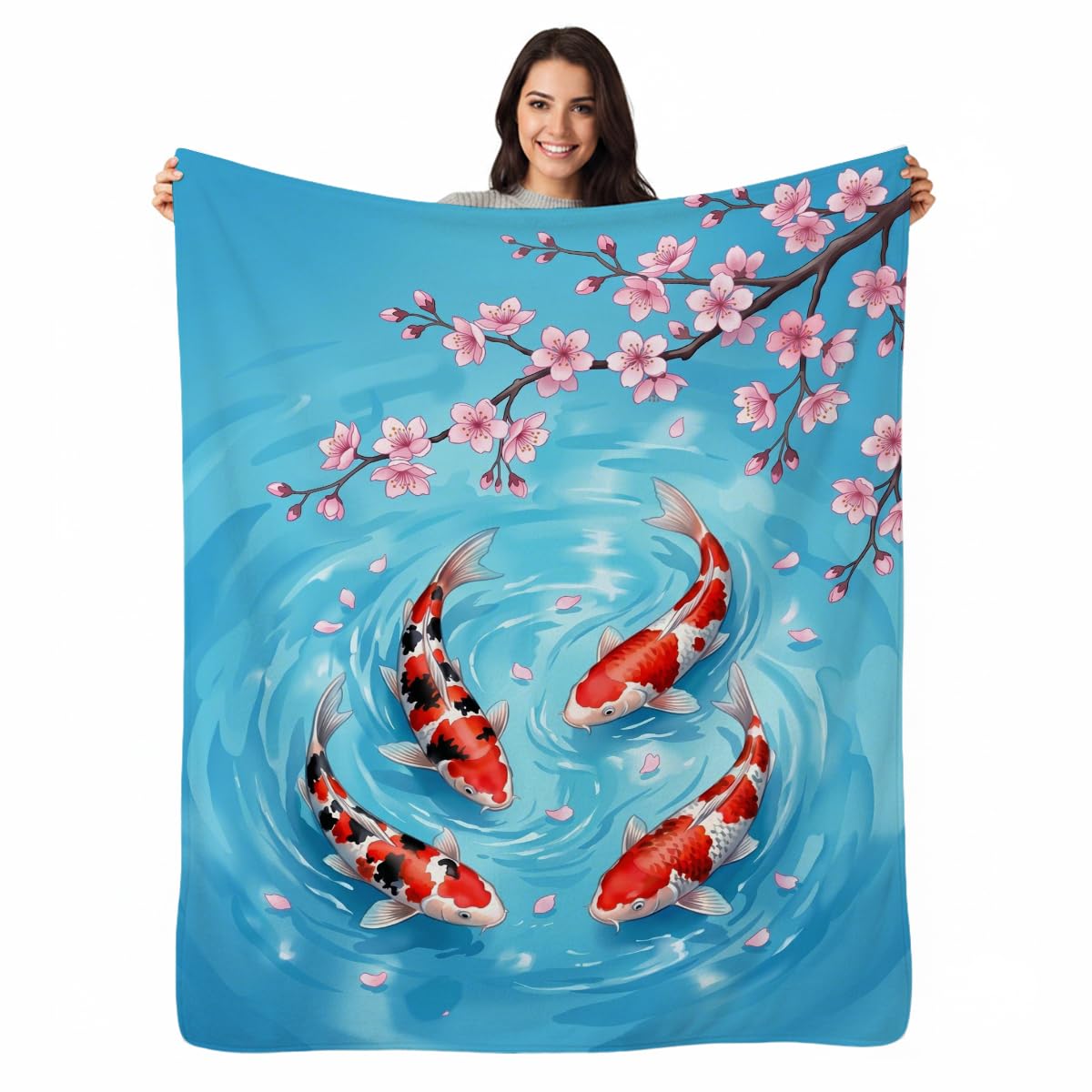 Yujiiso Koi Fish Cherry Blossom Blanket Soft Flannel Fleece Throw 50" x 60"