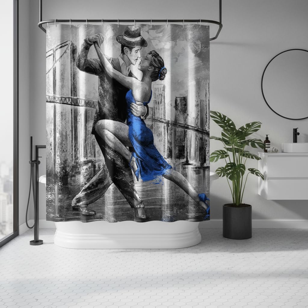 Conipit Dancing Couple Shower Curtain Black White Blue Shower Curtains Romantic Bathroom Curtain Waterproof Polyester Fabric 72"X72" with Hooks