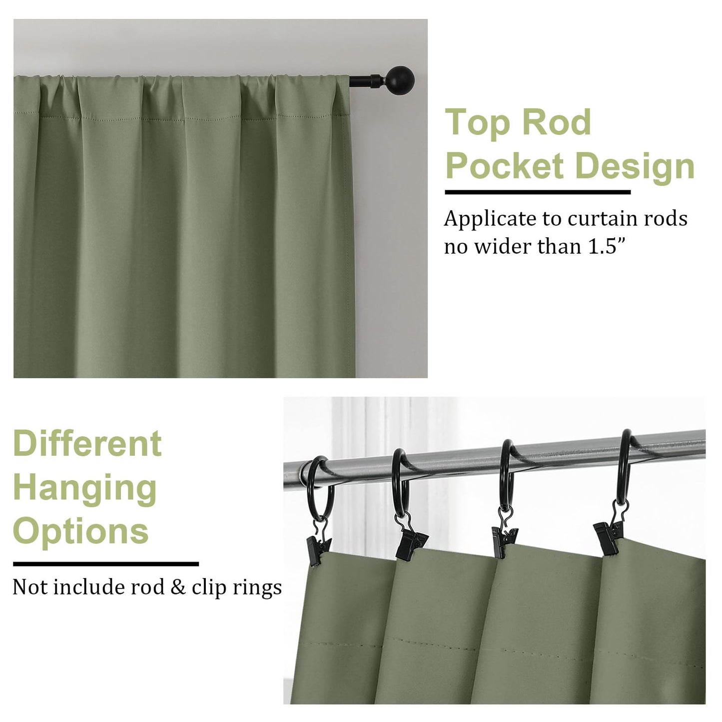 OWENIE Sally Sage Green Short Blackout Curtains for Bedroom Living Room 45 Inch Length 2 Panels Set, Solid Thermal Insulated Energy Saving Window Treatment Curtains Drapes, W40 x L45, Sage Green