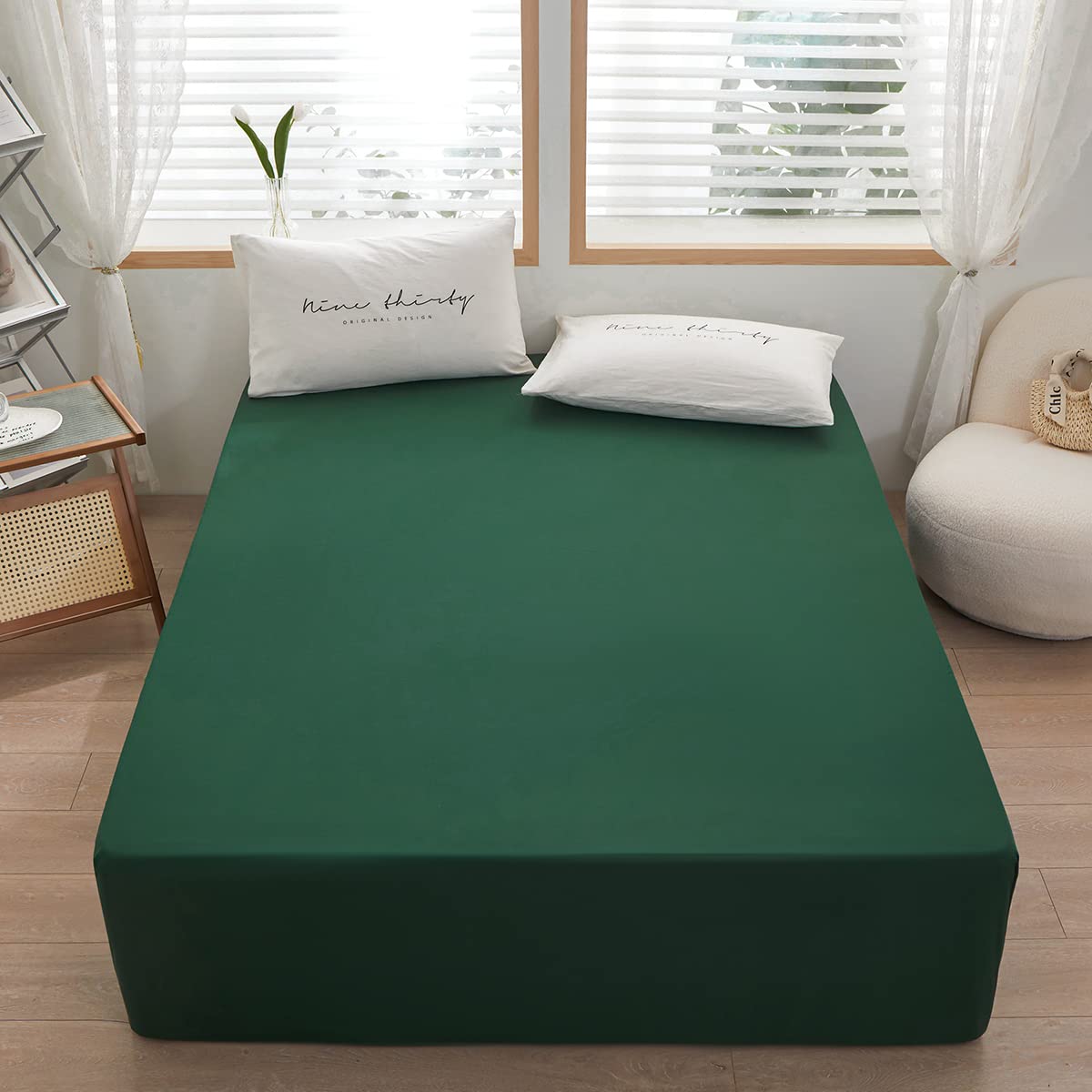 Bedding Queen Size Fitted Sheet Only- Bottom Mattress Fitted Sheet-Fits 15inches Deep Mattress Pocket -Soft and Microfibe-Shrinkage and Fade Resistantr-Easy Care-Dark Green
