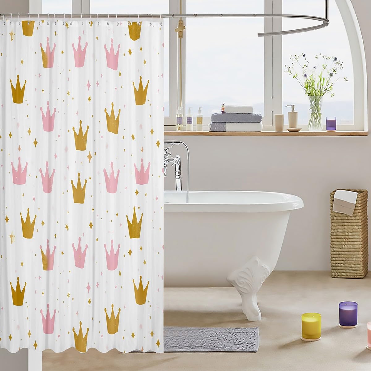 Crown 72" W X 72" L Bathroom Shower Curtain Sets Golden And Pink Crown Print Fabric Shower Curtain,Princess Style Royal Shower Curtain Cartoon Glitter Decor Bathroom Accessories for Girls Boys,White
