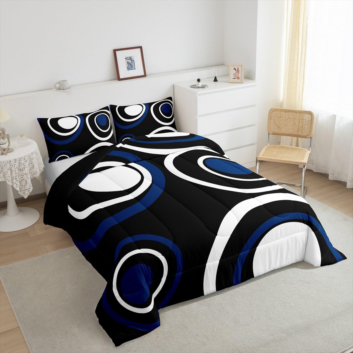Erosebridal Black Blue Vortex Queen Comforter Set for Adult Women Men Chic Geometric Abstract Mens Bedding Set Striped Aesthetic Circles Bed Set Boho Modern Quilt Set