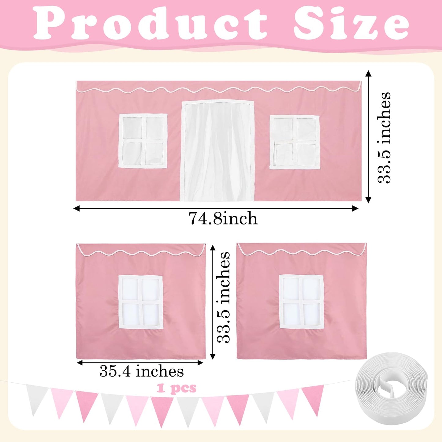 Breling 3 Panel Bunk Bed Curtains for Bottom Loft Bed Tent Set with Felt Flag Double-Layer Twin Bunk Curtains Playhouse Accessories for Boy Girl Bedroom(Pink and White,Classic)