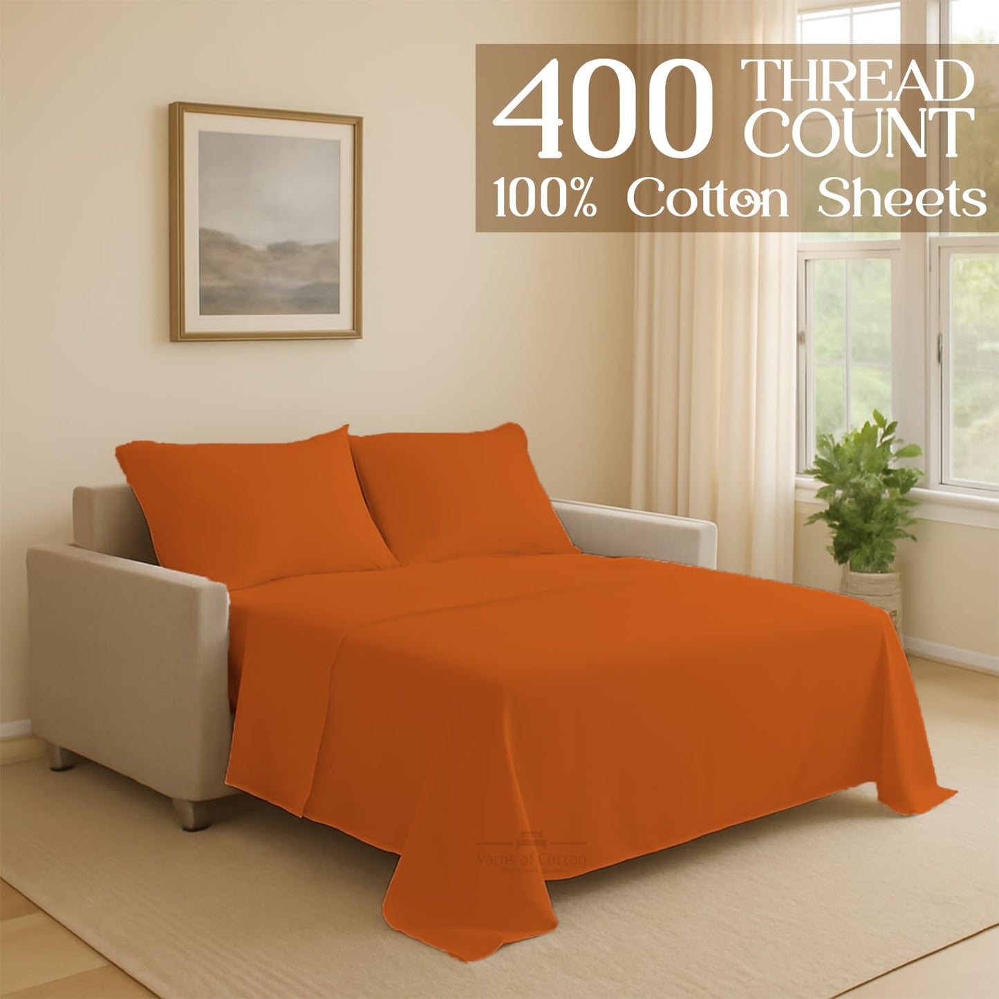Sleeper Sofa Bed Sheet, 100% Cotton 400 Thread Count, 4 Piece Set, Deep Pocket Fitted Sheet, Soft Wrinkle Free & Breathable, Luxury Hotel Quality, Fits Up to 6 Inch Mattress (Full, Orange)