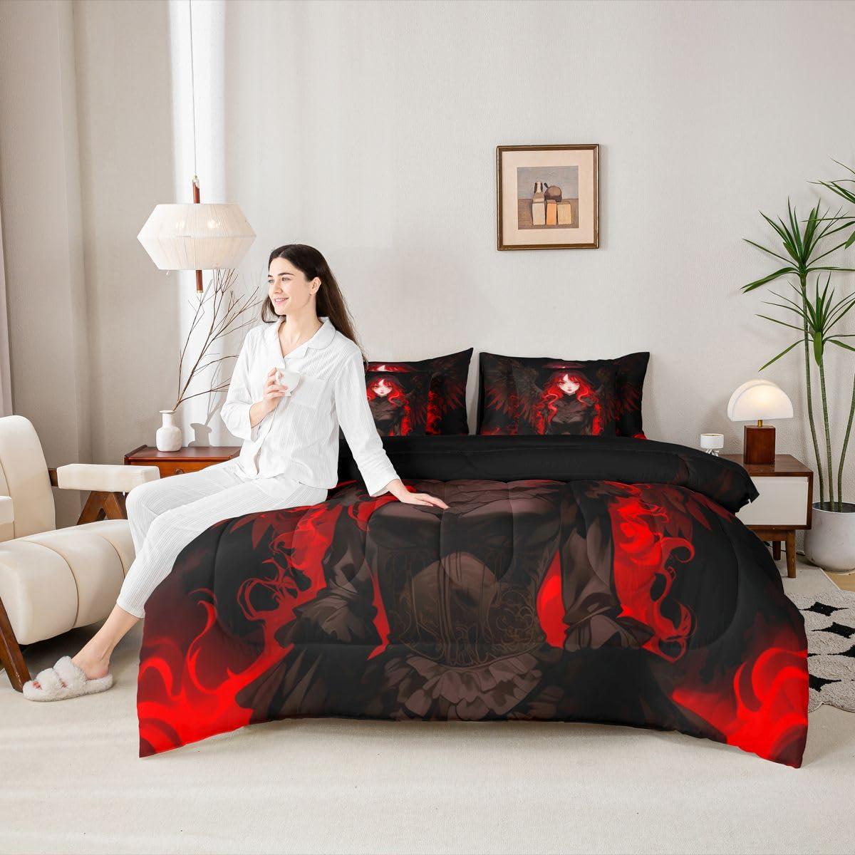 Erosebridal Japanese Anime Comforter Set Japan Ukiyoe Girl Bedding Set 7 Pieces Black and Red Anime Bed in A Bag Twin,Japanese Style Sheet Set with Comforter for Room Decor