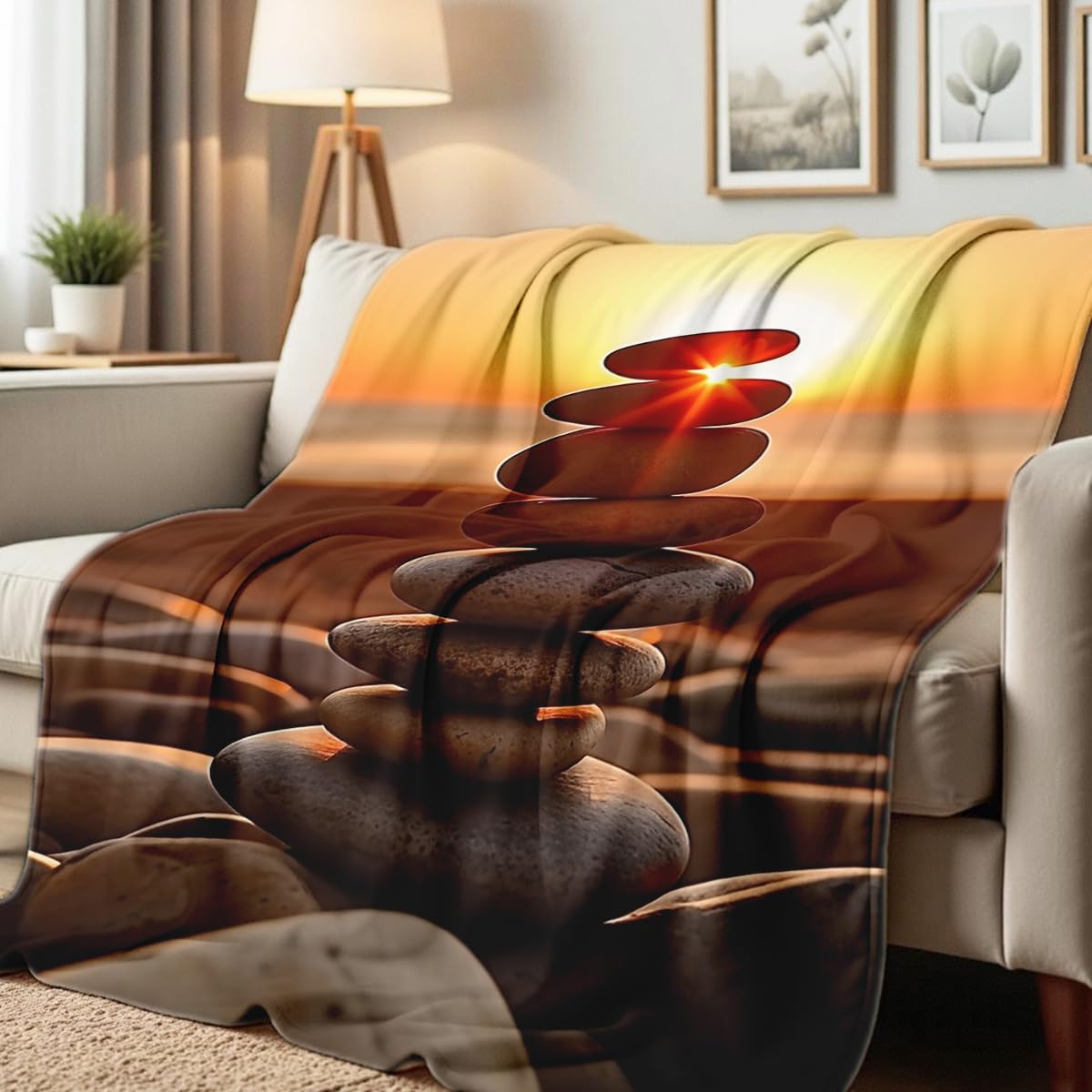 HUNXIAOJ Zen Stone Print Blanket Throw Soft Spa Zen Flannel Blanket for Home Bedding Couch Bed Yoga Room Meditation Decor Gifts (49"x59")