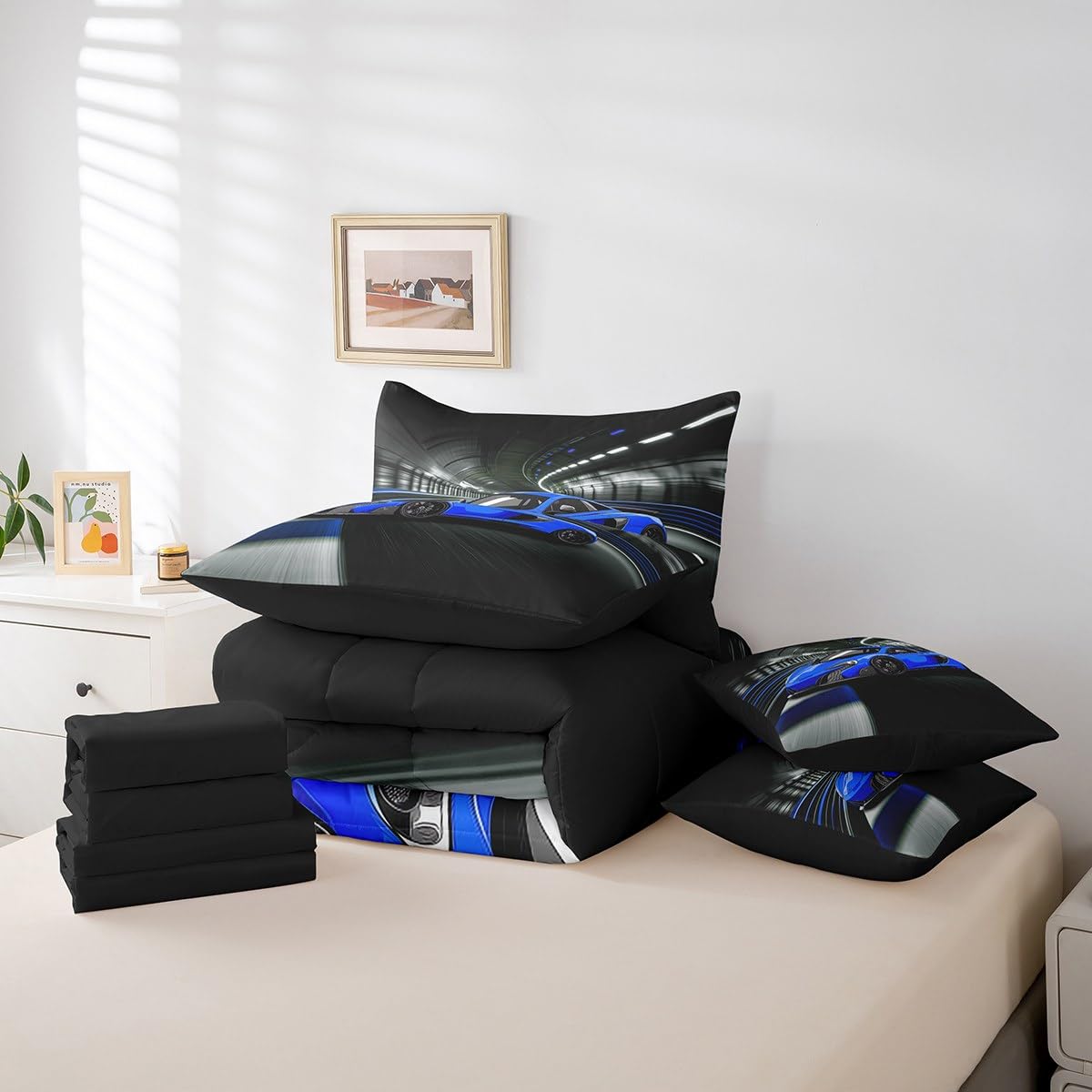 jejeloiu Speed Sports Car Bed Set Tunnel 7 Pieces Bedding Set for Kids Blue Racing Car Bed in a Bag with Comforter, Pillowcases Ultra Soft Extreme Sports All Season Breathable Lightweight Twin Size