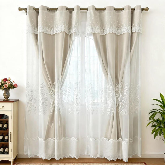 Amidoudou 1 Pair European Double Layer Curtains for Living Room Bedroom Luxury Flower Embroidered Curtains with Valance (Beige,66x96 Inch)