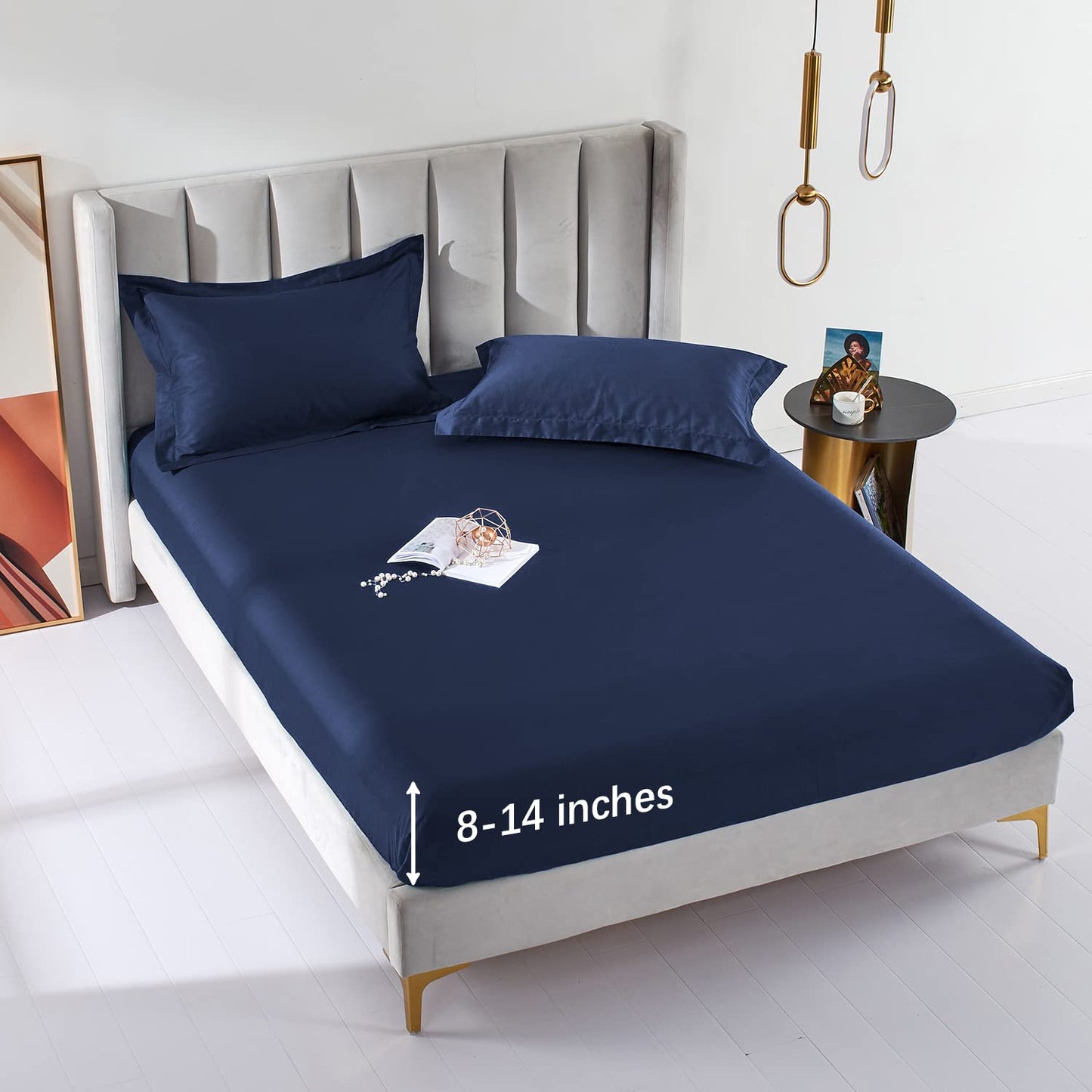 MILDLY Deep Pocket Fitted Sheet Only Queen Size 60"x80" 100% Long Staple Cotton Navy Blue Breathable Bottom Sheet Fits Up to 14" Deep Mattress