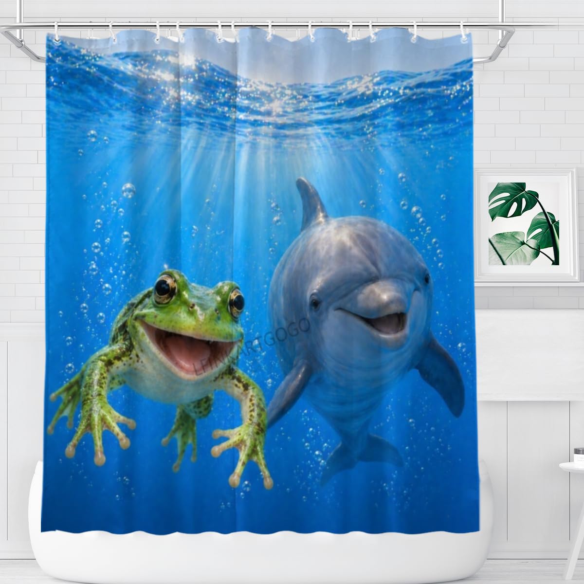 LFINKARTGOGO Ocean Frog Shower Curtain 72x72 with 12 Hooks Underwater Animal Dolphin Waterproof Washable Polyester Bath Curtain for Home Hotel Decor