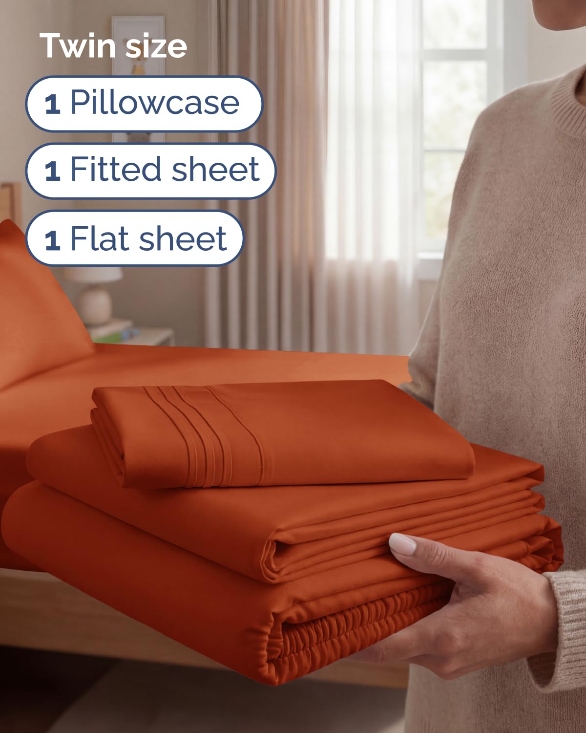 Twin Size 3 Piece Sheet Set - Comfy Breathable & Cooling Sheets - Hotel Luxury Bed Sheets for Women and Men - Deep Pockets, Easy-Fit, Soft and Wrinkle Free Sheets - Terracotta Oeko-Tex Bed Sheet Set