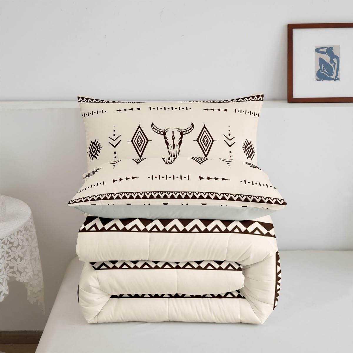 Erosebridal Bull Skull Twin Size Comforter Set, Western Cowboy Bedding Set for Boys Girls Men Room Decor, Southwestern Native Quilt, Boho Aztec Ethnic Horns Duvet Insert, 1 Pillow Case