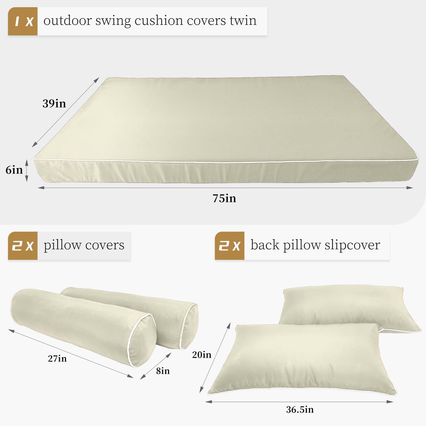 ZOALXZNT Outdoor Daybed Cushion Cover Twin,Daybed Mattress Bolster Pillow Fitted Sheet Cover,Twin Size Outdoor Daybed Cushion Covers (Beige, 75 * 39 * 6in)