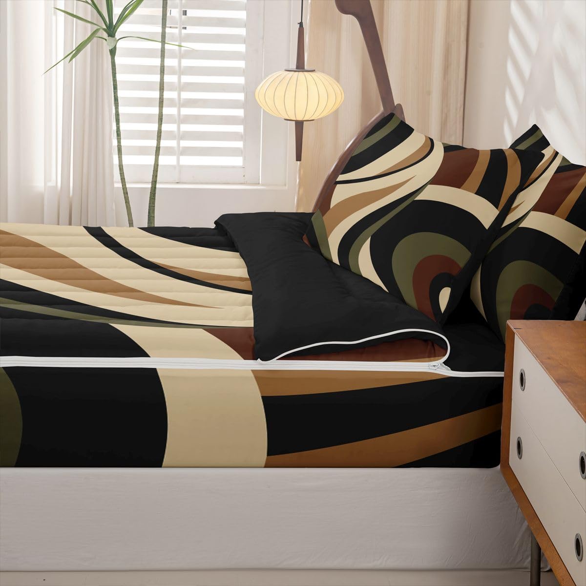 Erosebridal Green Brown Spiral Zipper Bedding Set Twin for Adult Women Men Modern Swirls Stripes Abstract Zipper Comforter Set with Sheets for Minimalists Boho Bed in a Bag Graffiti Art Lines Bed Sets