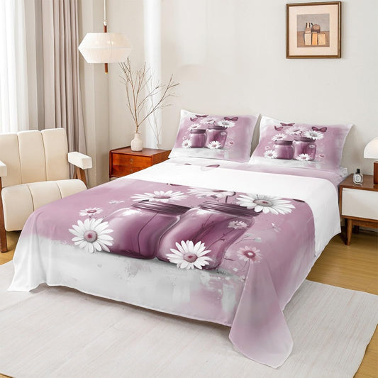 Erosebridal Cute Floral Sheets Queen Size Aesthetic Kids Kawaii Pink Butterfly Bed Sets for Girls Women Pretty Blossom Sheets Watercolor Petals Bottle Art Decor Flat Fitted Sheet