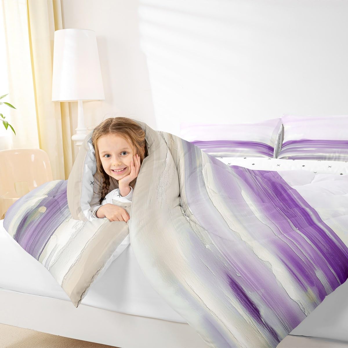 Erosebridal Abstract Beach Comforter Set King Size Purple Oil Painting Bedding Set for Women Girls Ocean Sea Wave Lake Comforter Romantic Summer Natural Landscape Hawaii Quilt