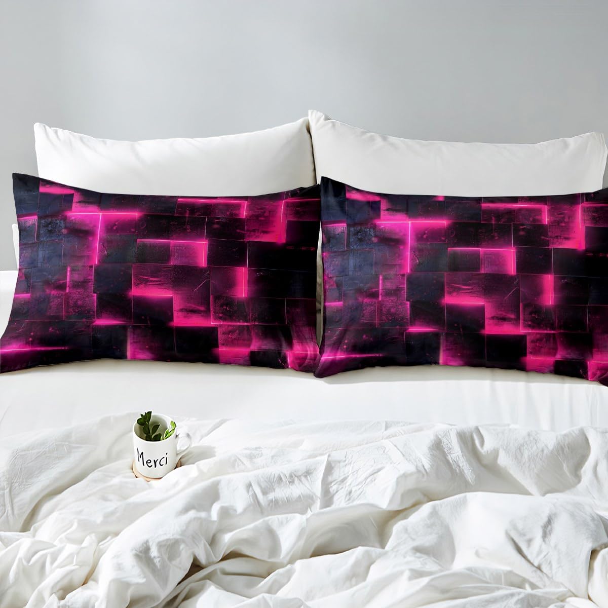 Hot Pink Black Bed Set 3D Glowing Buffalo Duvet Cover Queen Size Modern Abstract Art Queen Bedding Sets Geometric Plaid Comforter Cover, Gradient Futuristic Cubes Bed Cover (Black Reversible)