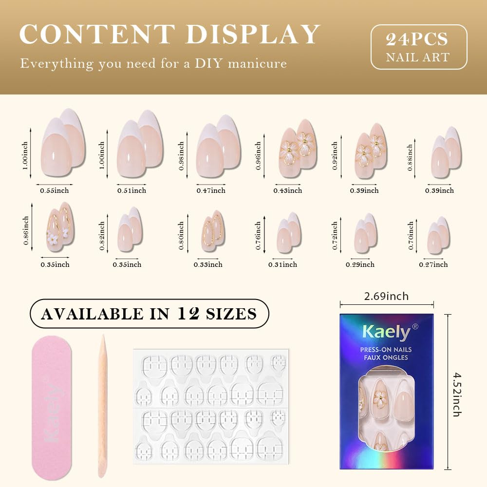 evpct 3D Flower French Press on Nails Medium Almond No Glue, White French Tip Gold Line Stick on Nail for Women Gift with Kit, Reusable Full Cover Soft Press on Fake Nail with 3D Floral Design