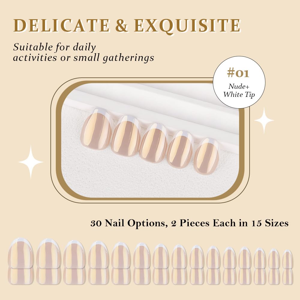 evpct French Tip Press On Nails Short Round Oval No Glue, Nude White Tips, Chrome Glazed Short Round Oval Fake False Press on Nails, Reusable Soft Stick on nail Press ons with Nail Kit, Salon-quality