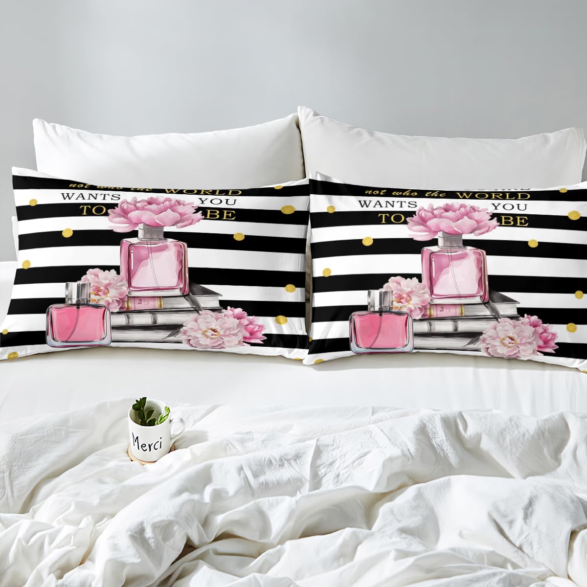 Erosebridal Pink Floral Bed Sheets King Size for Girls Kids Teens Girly Cute Modern Fashion Sheets Boho Black and White Striped Sheet Set Inspiring Women Perfume Preppy Coquette Bow Bedding Set