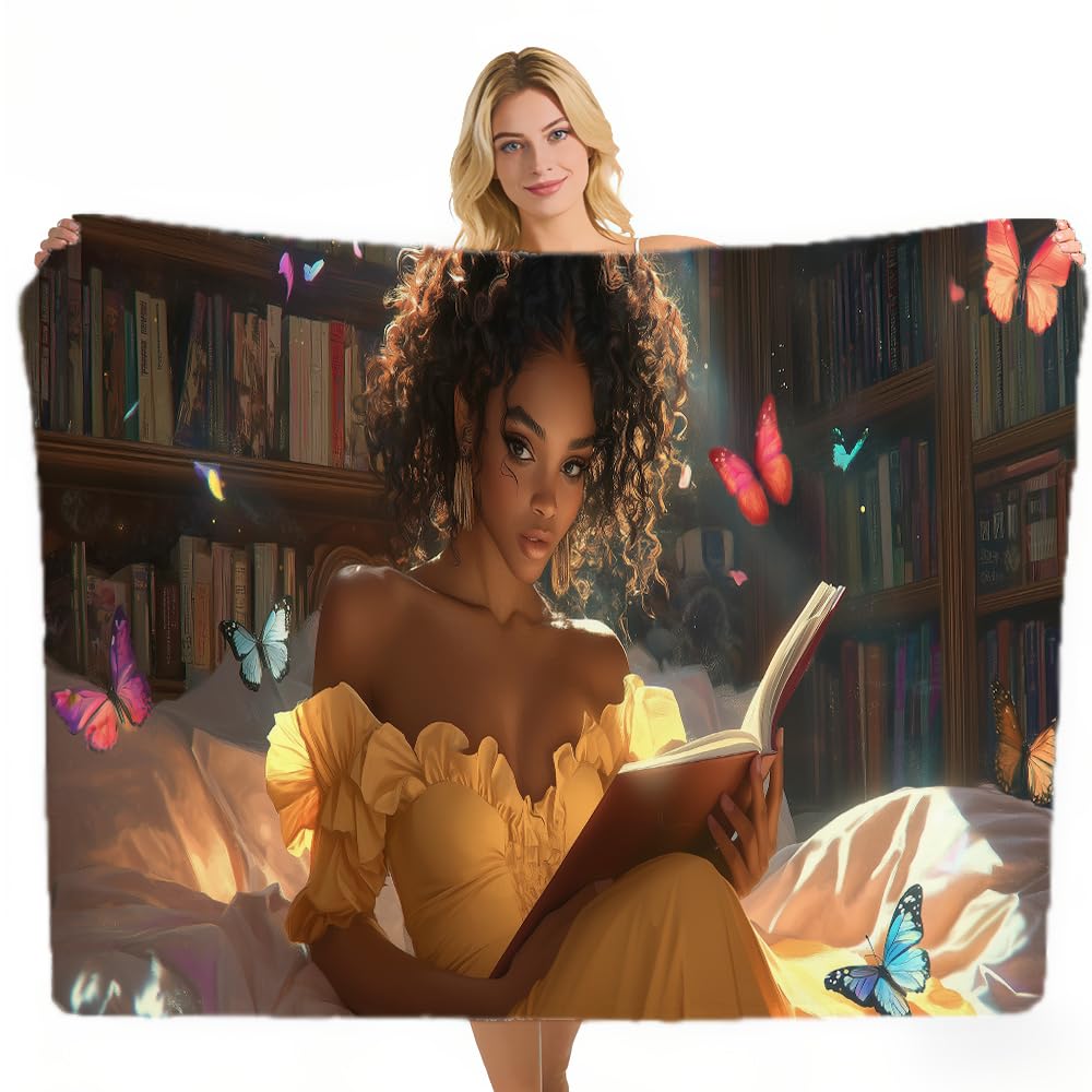 ZHOUSHUTONG Black Woman Reading Book Flannel Throw Blanket Cozy Warm Colorful Book Butterfly Blankets Lightweight Fuzzy Soft African American Girl Flannel Blanket for Couch Bed Sofa Girls 49"x59"
