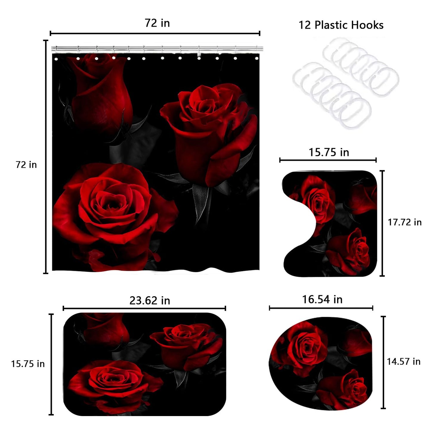 RinRinfam 4 Pcs Rose Shower Curtain Set, Flower Romantic Rose Curtain with Non-Slip Rug,Toilet Lid Cover,U Shape Mat,Waterproof Shower Curtains with 12 Hooks Bathroom Decor, Red Black 72"×72"
