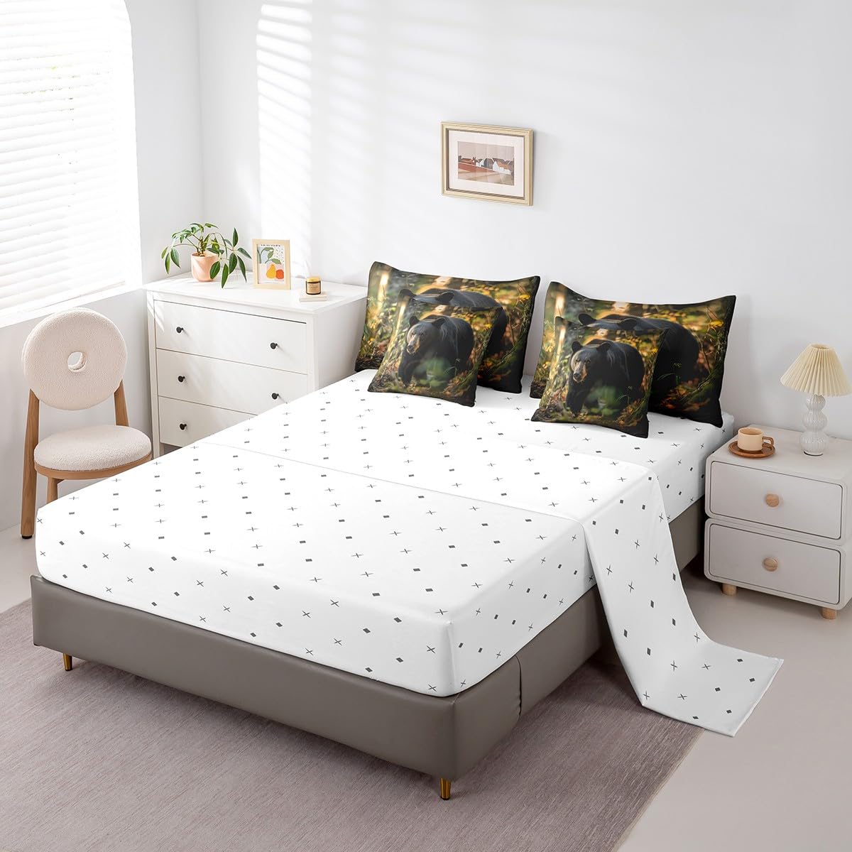 Erosebridal Black Bear Bedding Sets 7 Piece Twin 3D Wildlife Print Comforter Set for Teens Adults Farmhouse Woodland Bear Quilt with Flat Fitted Sheet Nature Jungle Animal Bed in A Bag,Black