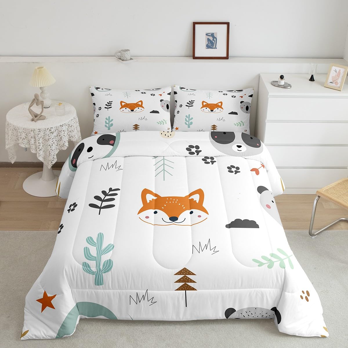 Feelyou Cute Fox Comforter Set Twin Size Cartoon Animal Bedding Set for Boys Girls Teens Bedroom Decor Zoo Animal Comforter Women Men Wildlife Duvet Set with 1 Pillow Case