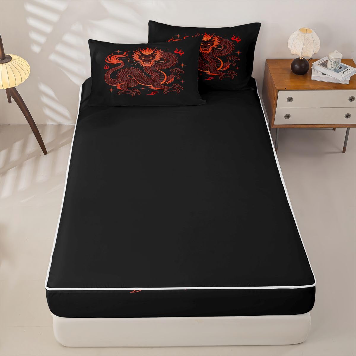 Erosebridal Japanese Style Dragon Kids Full Zipper Bedding Set Red Black Comforter Set with Fitted Sheet for Boys Girls Teen Exotic Animal 3 Pcs Bed in a Bag Set Vintage Wildlife Zip Up Bedding Sets