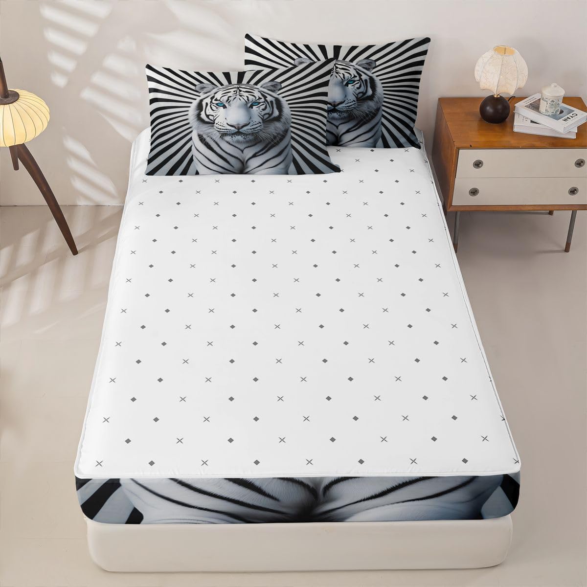 jejeloiu White Tiger Comforter Set Twin Size Zipper Bedding Set for Girls Boys 3D White Tiger Print Comforter with Fitted Sheet, Pillowcases Wildlife Zipper Bedding Soft Breathable Bed in a Bag