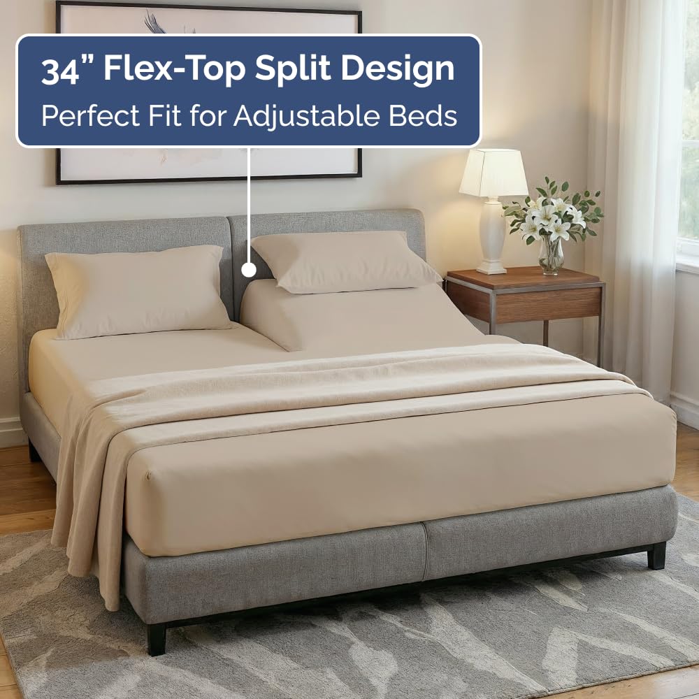 Flex Top Split Head King 4 Piece Sheet Set - Ultra-Soft, Breathable & Cooling Bed Sheets Set - Hotel Luxury Bedding for Women & Men with Deep Pockets - Wrinkle Free & Fade Resistant - Oeko-Tex - Wheat