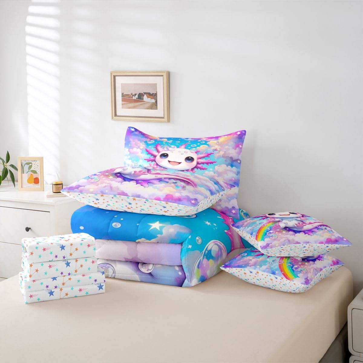 Girls Cute Axolotl Queen Bedding Set Kids Cartoon Axolotl Comforter Set with Flat and Fitted Sheet for Preteen Teens Galaxy Cloud Blue Sky 7-Piece Bed in a Bag Princess Dreamy Rainbow Quilt Sets