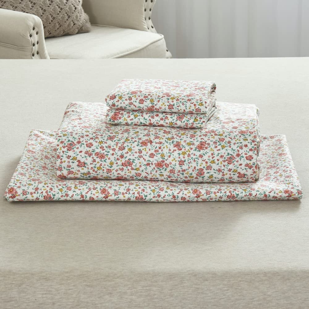 DAUAOTO 100% Cotton Bedding Printed Sheets Set for King Size Bed Up to 14" Deep Mattress, Ditsy Floral Pattern Bedlinen Sets, Pink