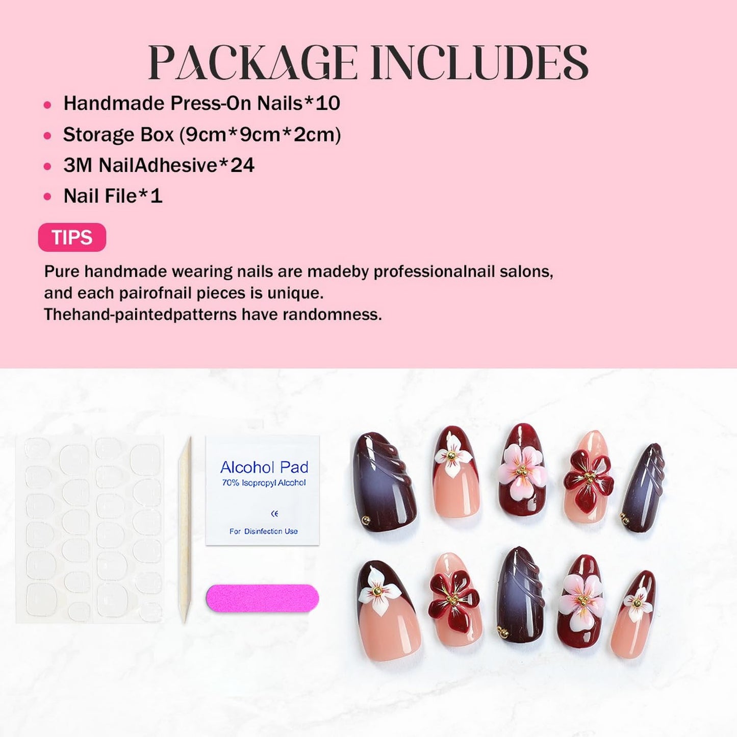 Flower Press on Nails Handmade Press on Nails 3D Floral Embossed and Golden Steel Ball Designs Medium Almond Fake Nail French False Nails Thick Acrylic Nail Stick on Nails for Women（Size S)