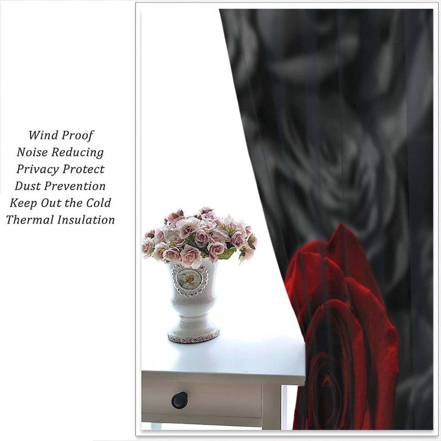 GoDazzling Red Rose Floral Curtains, Vintage Romantic Black Red Roses Flower Print Rod Pocket Window Drapes, for Bedroom Living Room 41" W X 45" L (No Blackout)