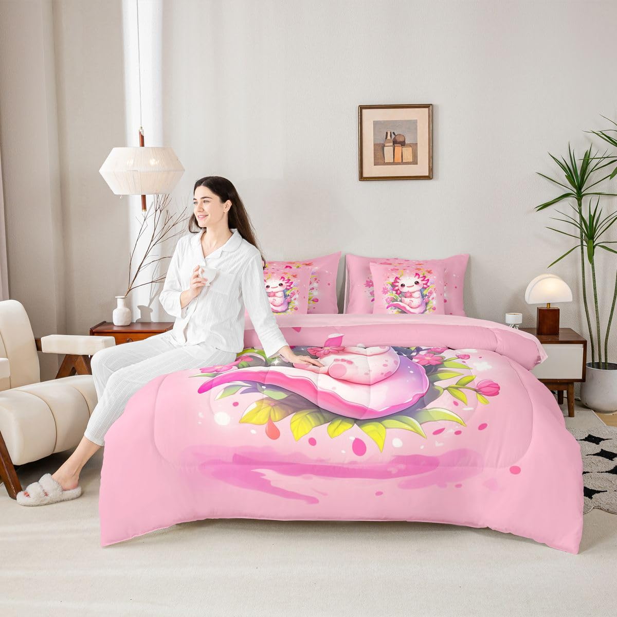 Girls Cute Axolotl Queen Bedding Set Kids Pink Floral Axolotl Comforter Set with Flat and Fitted Sheet Teens Girly Spring Petals Blossom 7-Piece Bed in a Bag Princess Dreamy Cartoon Animal Quilt Sets