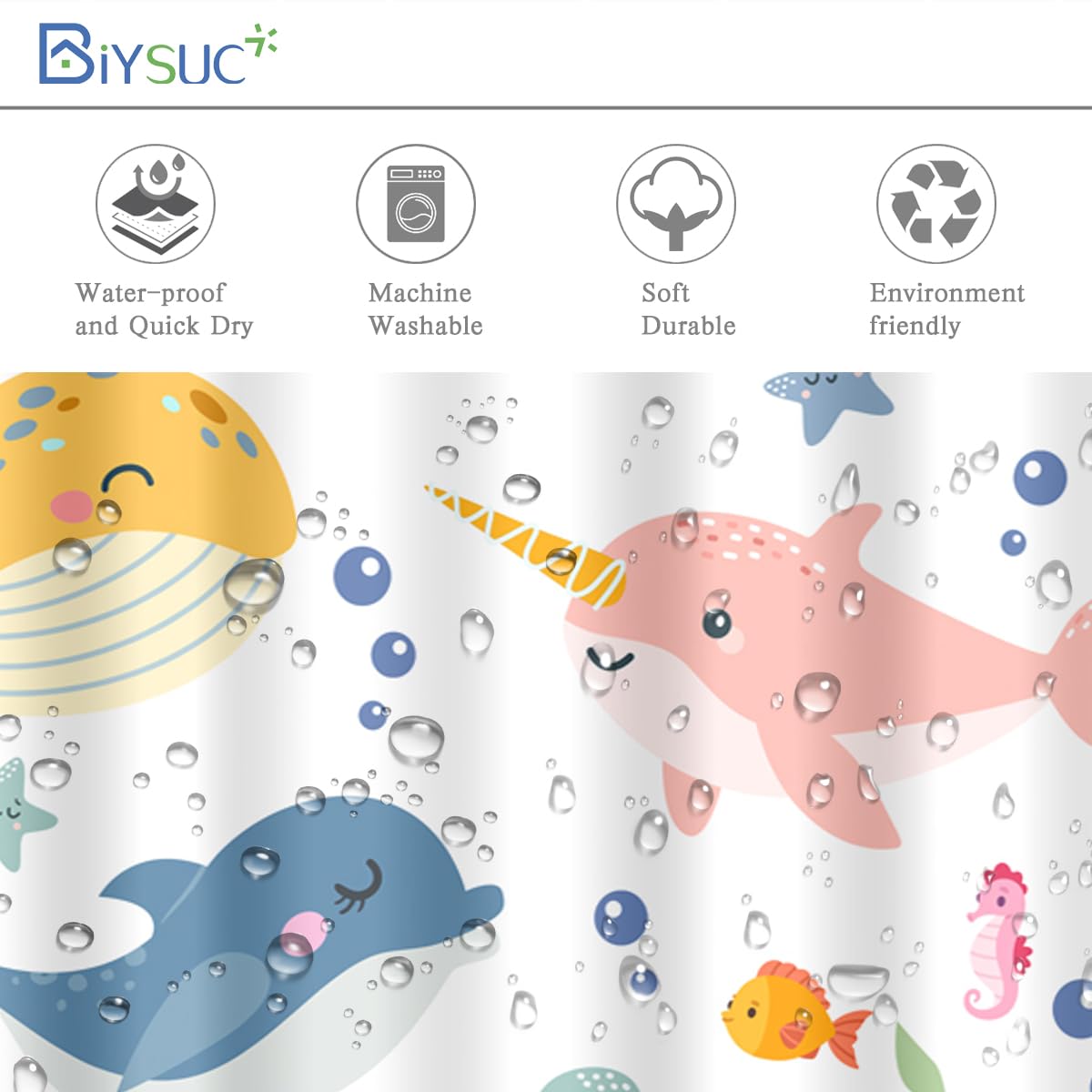 BIYSUC Kids Ocean Shower Curtain Cartoon Sea Turtle Whale Dolphin Fish Corals Underwater World for Boys Girls Bathroom Decor Waterproof Polyester Fabric 72Lx72W Inch with 12PCS Plastic Hooks