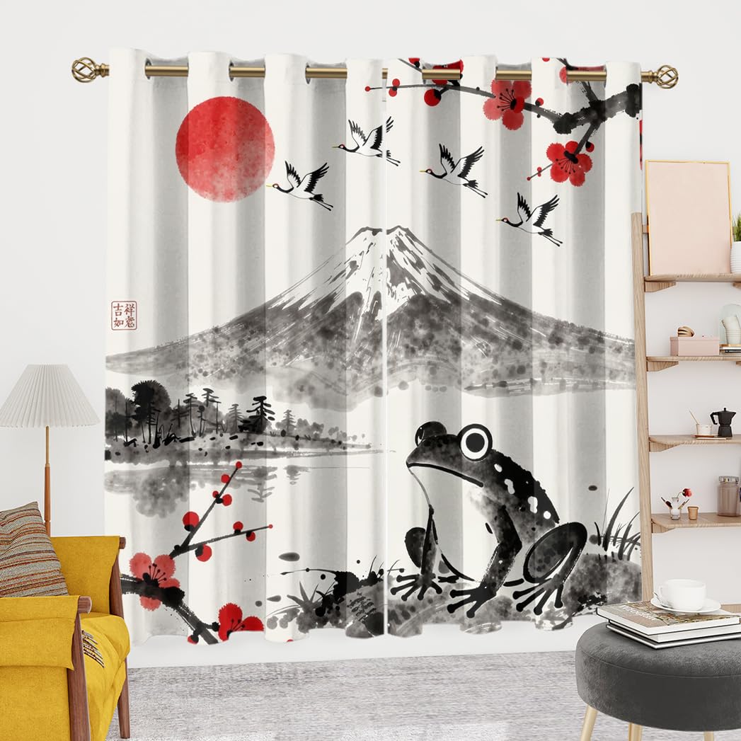 KuracleGH Rustic Japanese Animal Frog Blackout Curtains,Retro Ink Mount Fuji Crane Curtains with Grommets,Aesthetic Red Sun Cherry Blossom Drapes for Living Room Windows,2pcs,Each 21“W x 45”L