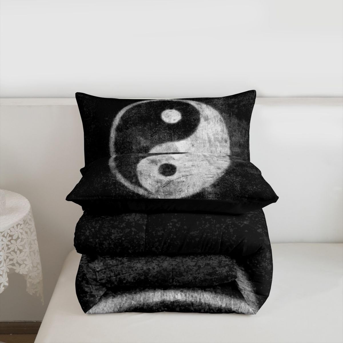 Feelyou Yin Yang Bedding Set for Girls Boys Children Boho Trippy Psychedelic Art Comforter Set Decorative Gossip Pattern Comforter Traditional Ying Yang Theme Duvet Set Twin Size 2Pcs