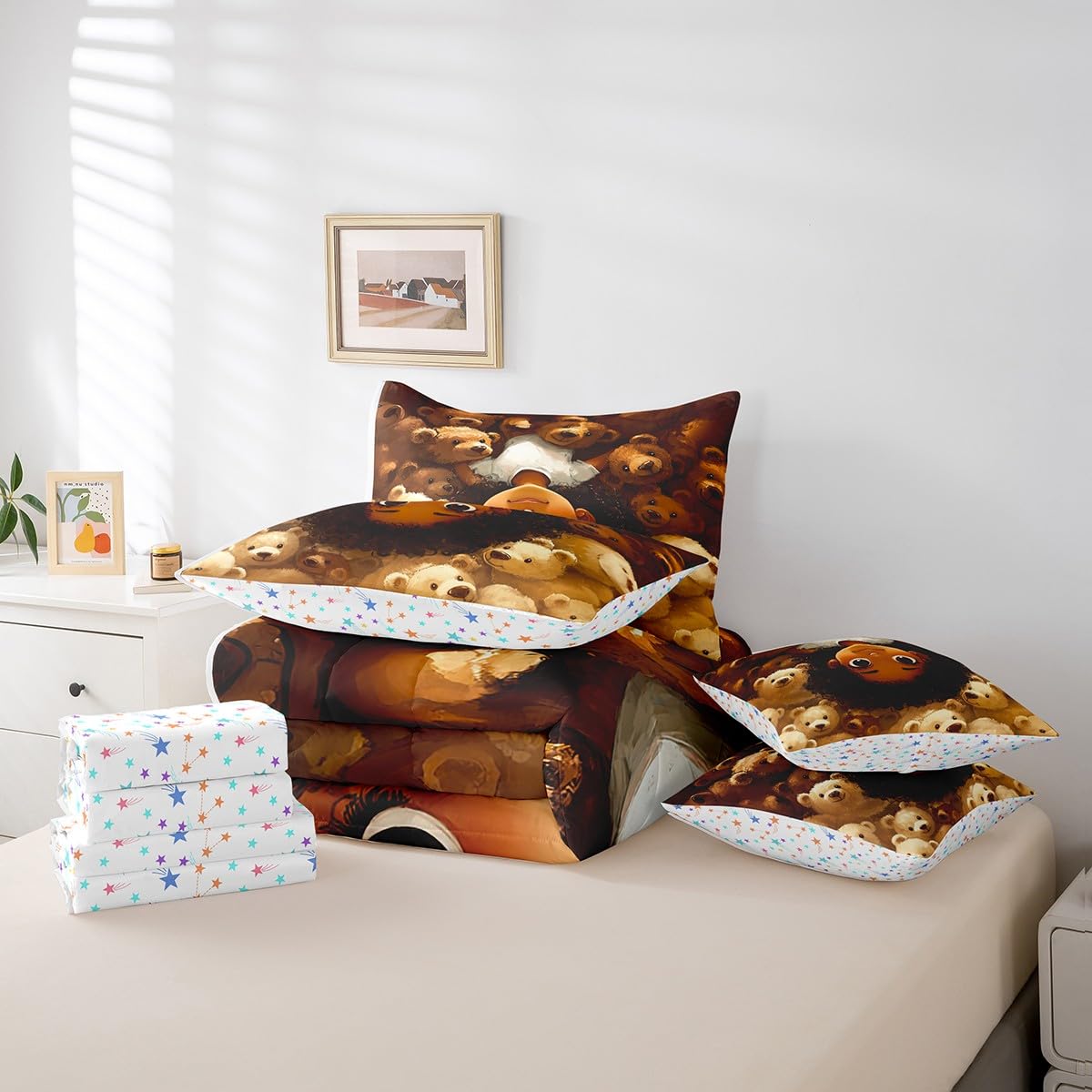 jejeloiu Kids Cute Black Girl Comforter Set 7 Pieces Full Size African American Girl Bedding Set for Boys Girls Bear Bed in a Bag with Comforter, Sheets, Pillowcases & Cushion Covers（No Glitter）