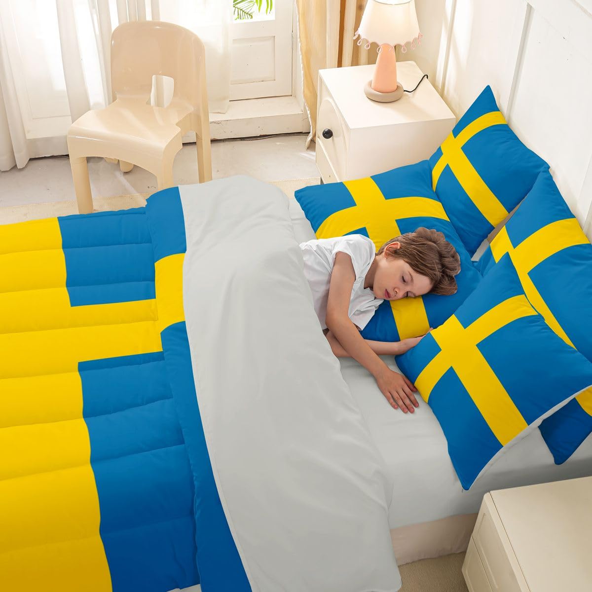 Feelyou Swedish Flag Comforter Set King Size 7 Pieces Sweden‌ Bedding Set for Kids Boys Girls World Countries Bed in a Bag with Sheets Bedroom Decor All Season Quilted Breathable Soft Lightweight