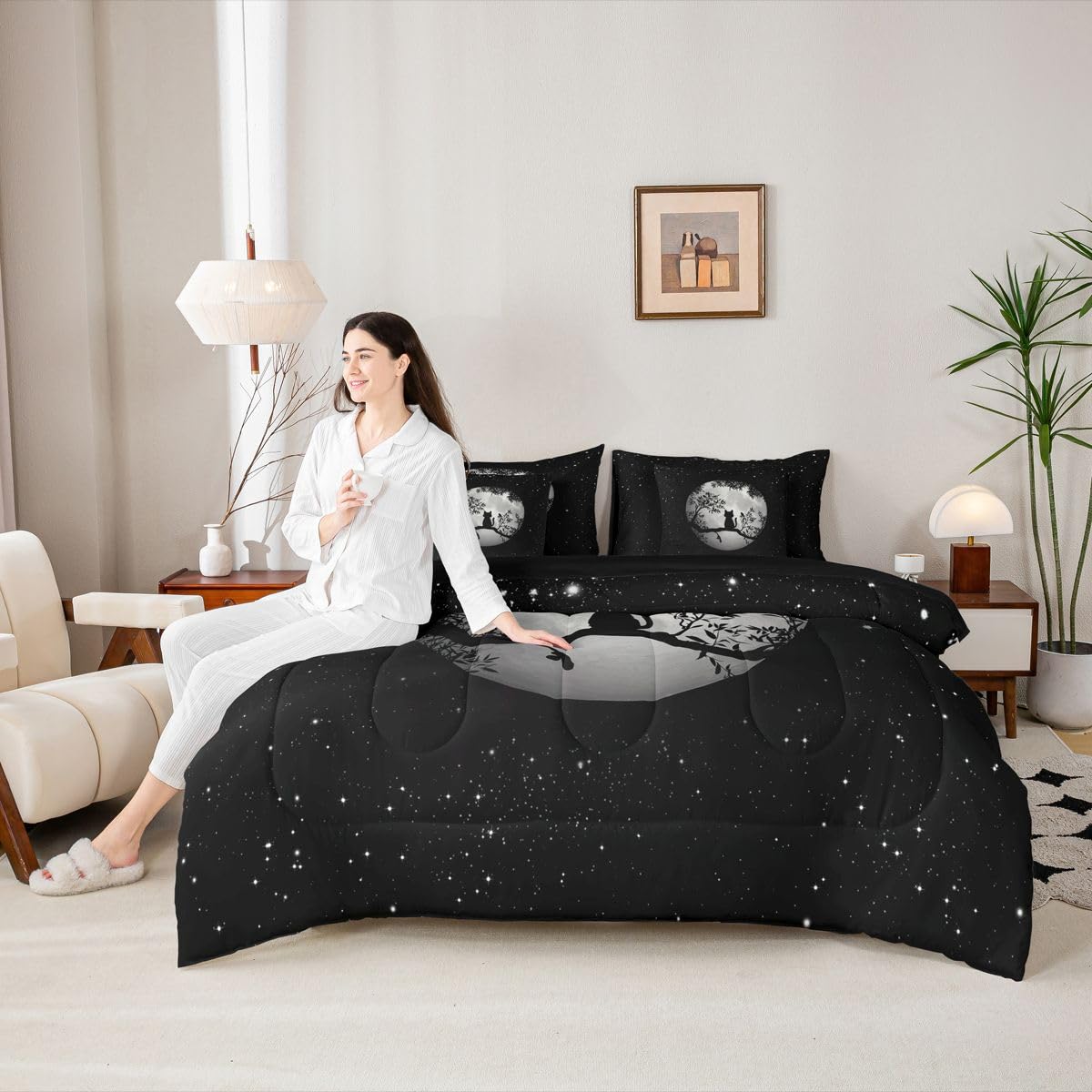 Erosebridal Moon Cat 7-Piece Bedding Set Full Size for Kids Teens Adults | Gothic Black Cat Bed in a Bag Black White Stars Starry Sky Comforter Set with Sheets Leaves Botanical Branches Duvet Insert