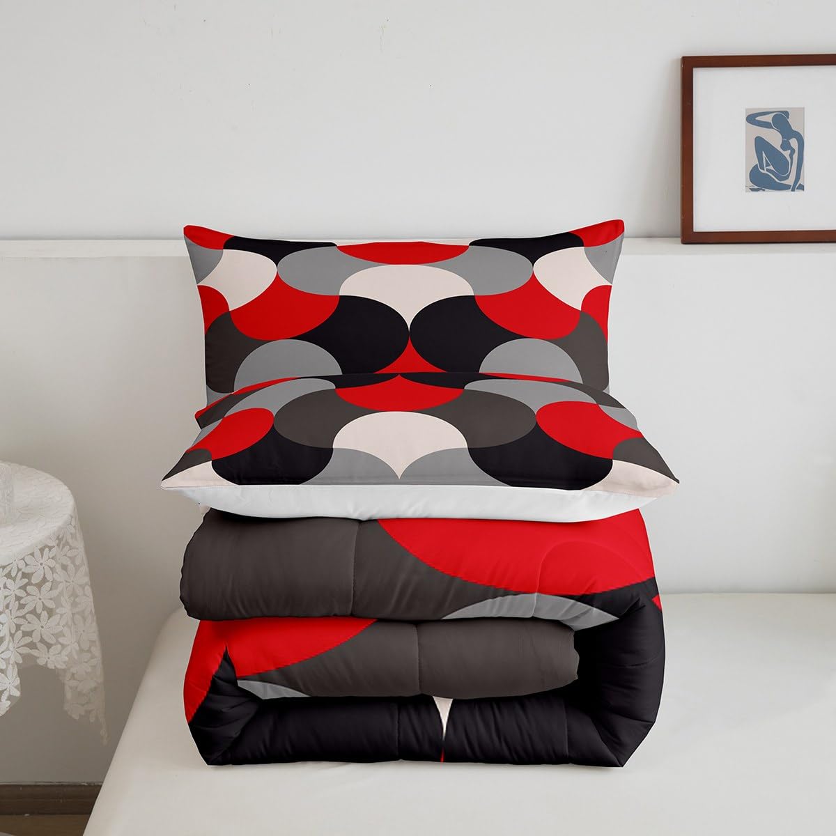 Feelyou Geometric Print Bedding Set Geometric Red Grey Black Comforter Set for Kids Boys Girls Teens Decor Modern Art Comforter Luxury Abstract Art Duvet Set Queen Size