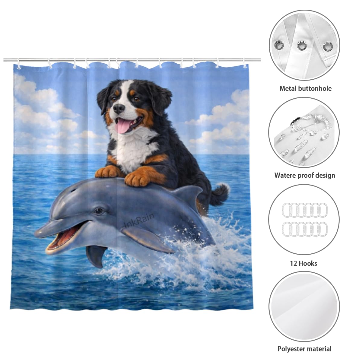InkRain Ocean Bernese Mountain Shower Curtain with 12 Hooks Cute Puppy Riding Dolphin Bathroom Decor Waterproof Polyester Fabric Coastal Beach Bath Curtain 72x72 Inch