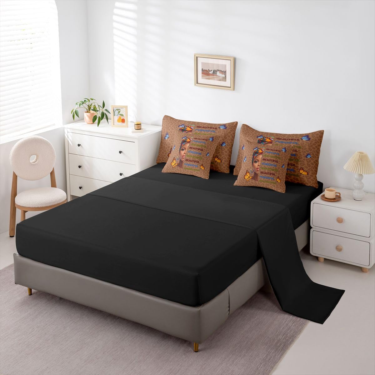 Erosebridal Cute Black Girls Queen Bedding Set Stylish Leopard Print Comforter Set with Flat and Fitted Sheet Teen Colorful Headwrap 7-Piece Bed in a Bag Women Empowering Words Butterfly Quilt Sets