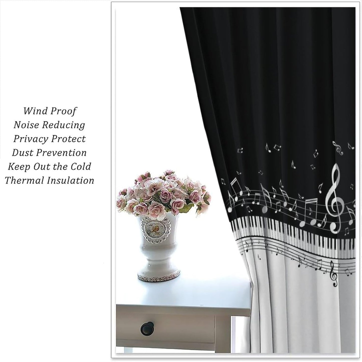 HZOHNAGO Music Curtain Black and White Musical Notes Piano Key Pattern Blackout Print Rod Pocket Window Drapes for Bedroom Living Room 42x45in