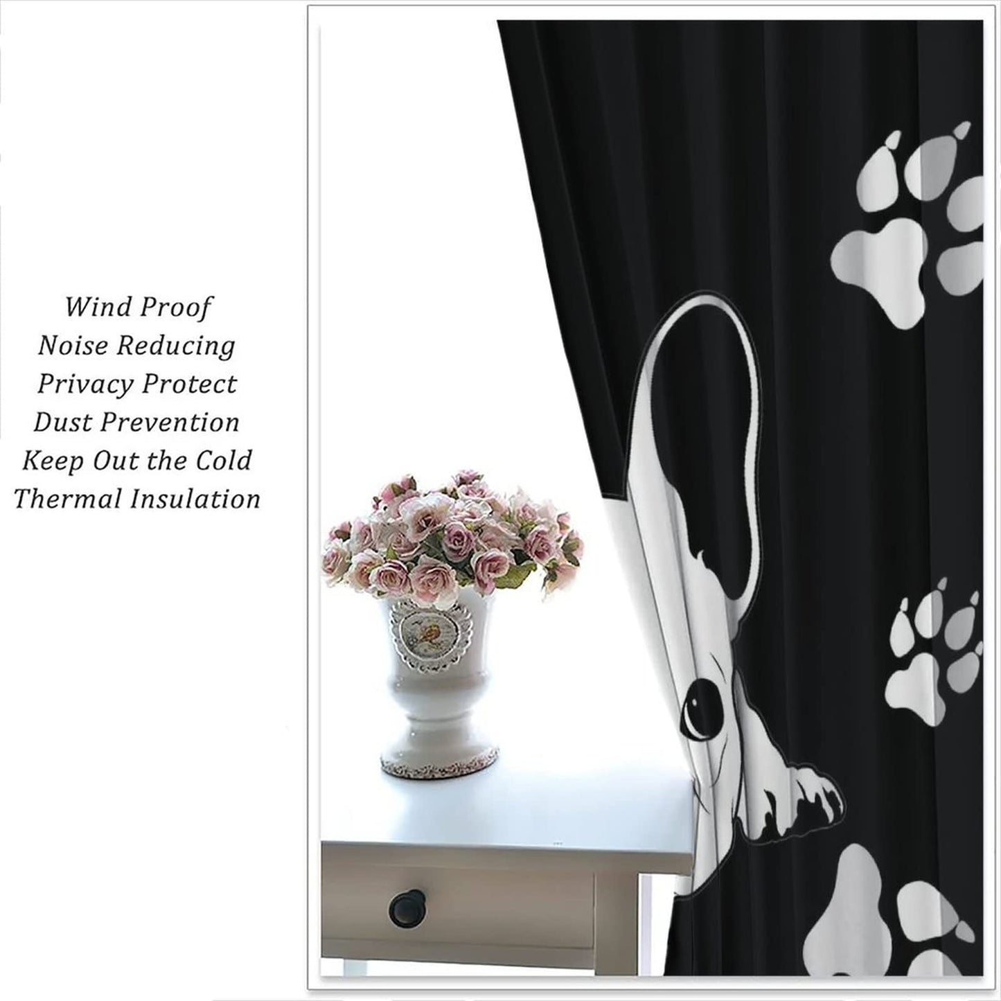 Kazynee Cute French Bulldog Rod Pocket Blackout Curtains for Bedroom - Black White Abstract Hand Painted Dog Paw Puppy Window Drapes,2 Panels 45L x 21W Thermal Insulated Room Darkening Curtains