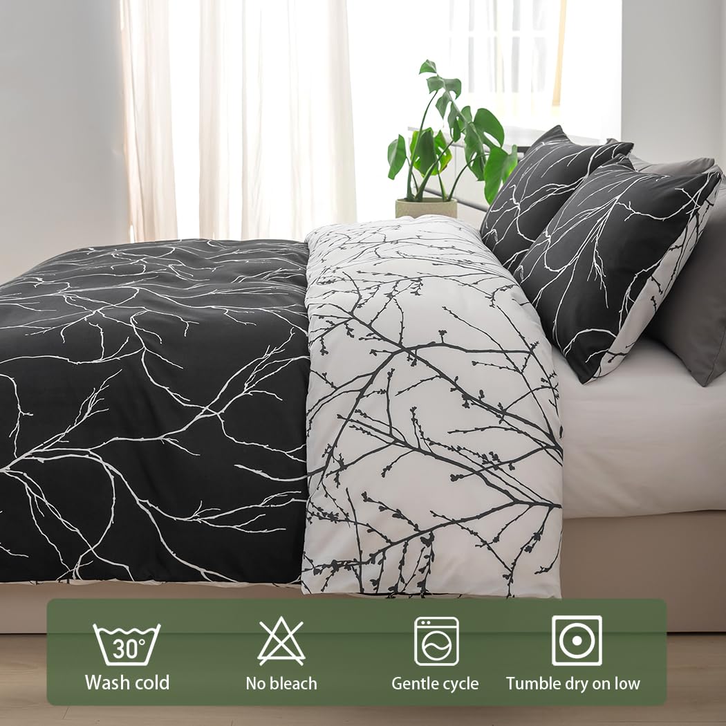 Lekesky Reversible Duvet Cover King Size, Black White Branch Comforter Cover King 3pcs Microfiber Botanical Bedding Set with Zipper Closure Corner Ties